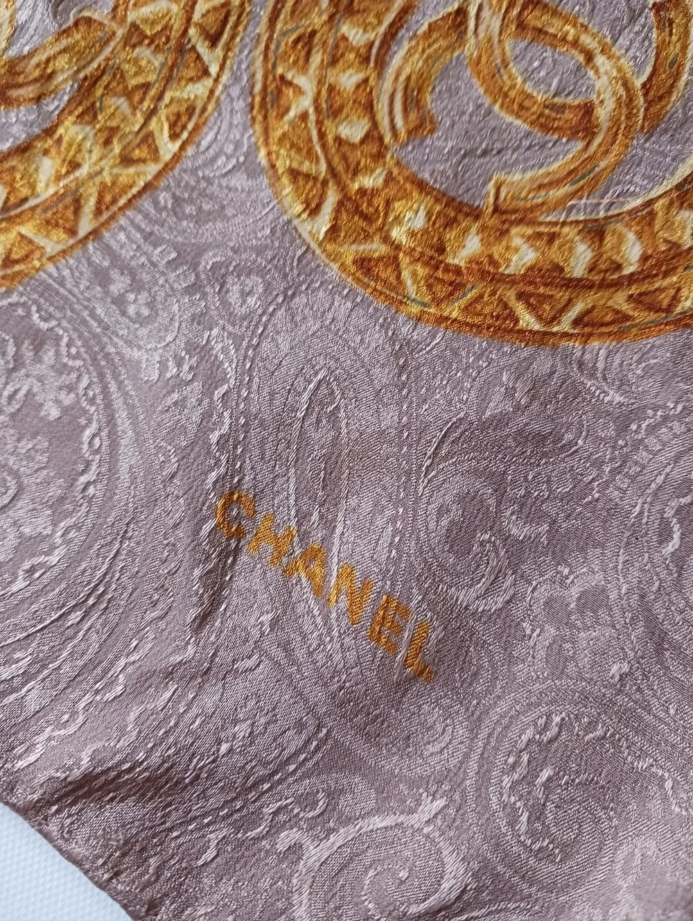 CHANEL Vintage  Beige Scarf with Gold Chain Medallion Motif  34